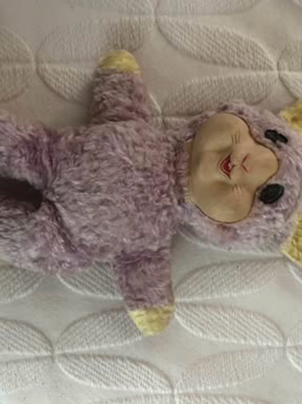 Vintage Plush Bunny Rabbit Doll in Lavender with Yellow Ears. Rubber face. - Picture 5 of 5